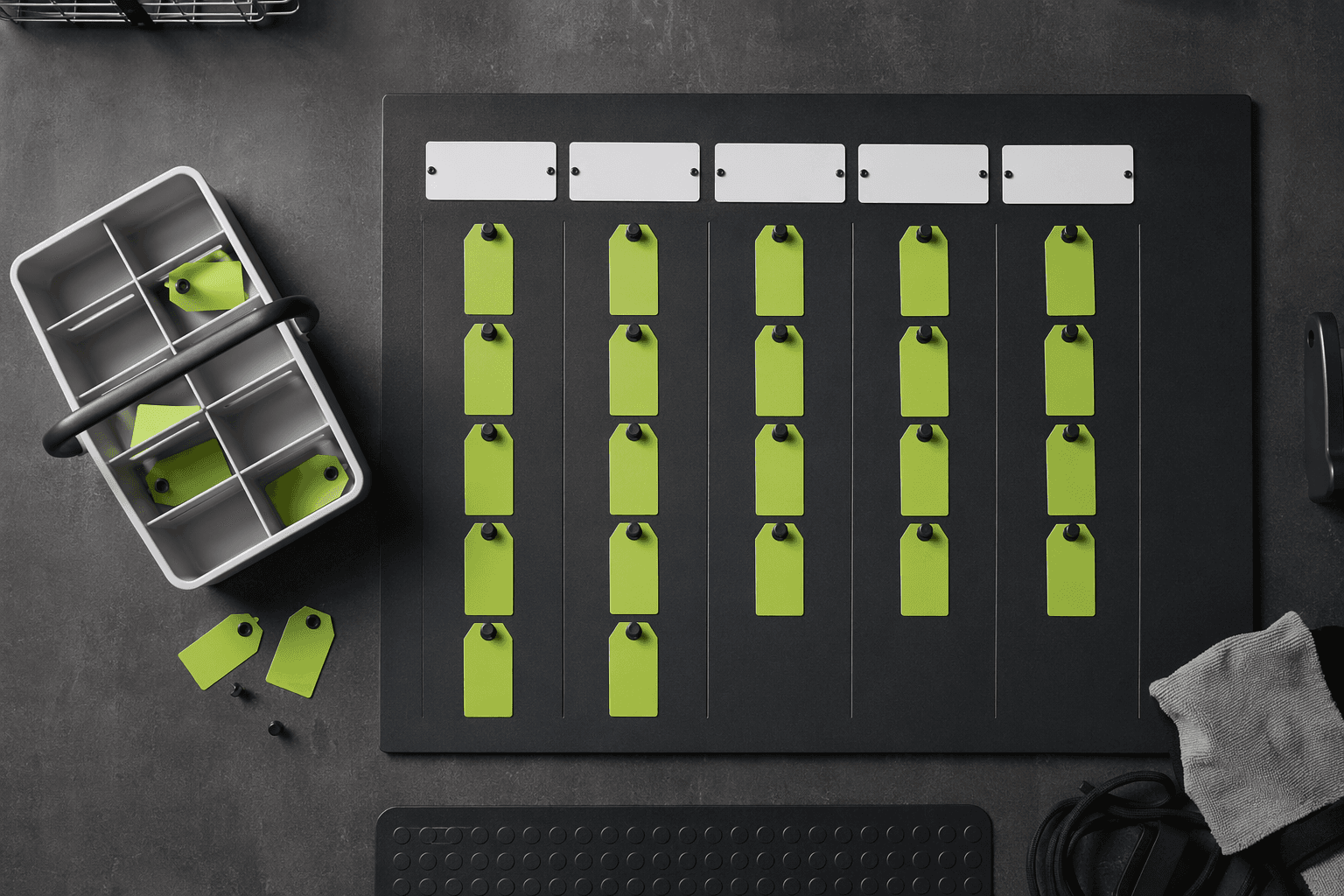 A household task board being arranged on a graphite surface with signal-green tag cards