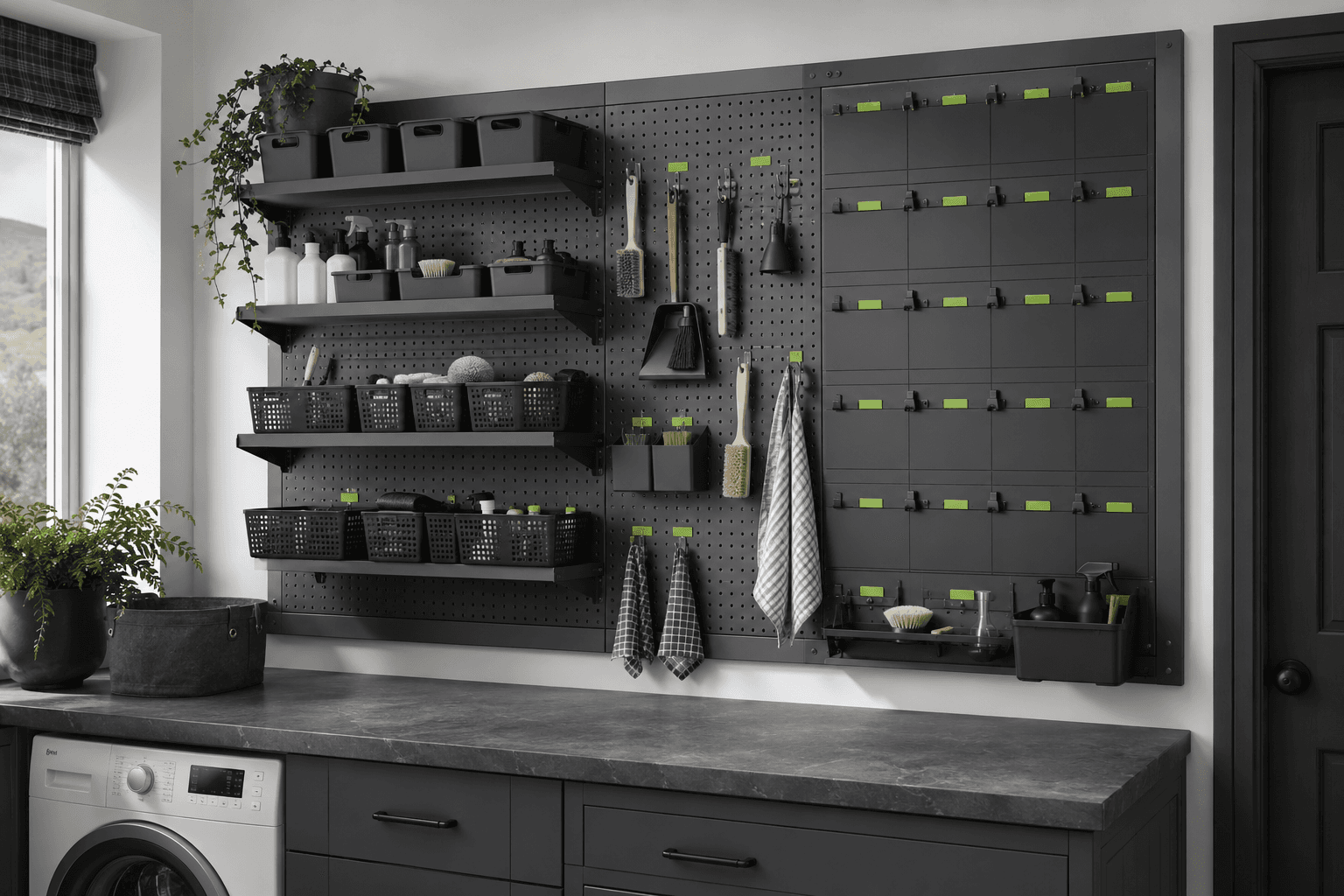 Industrial household task wall with a graphite task board, signal-green tags and utility kit shelves