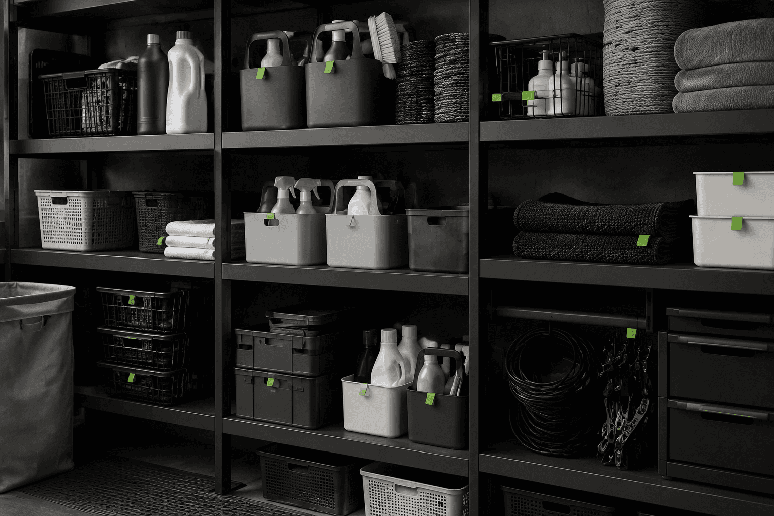 A wall of industrial utility shelves holding plain household kit